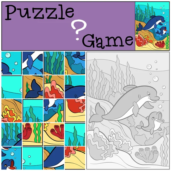 Juegos de educación para niños. Puzzle. Madre delfín nada en la parte inferior — Vector de stock