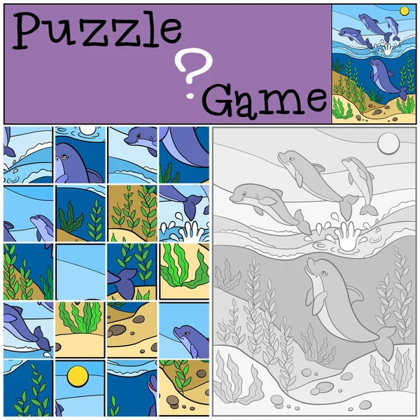 Juegos de educación para niños. Puzzle. Grupo de pequeños delfines lindos — Vector de stock