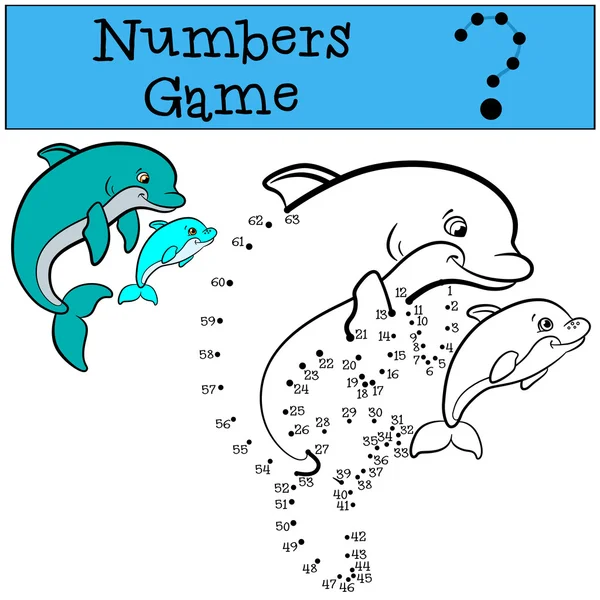 Juegos educativos para niños: Números juego. Madre delfín nada w — Vector de stock