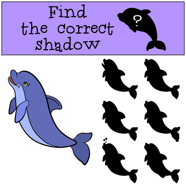Dětské hry: najít správný stín. Roztomilá malá delfín swi — Stockový vektor