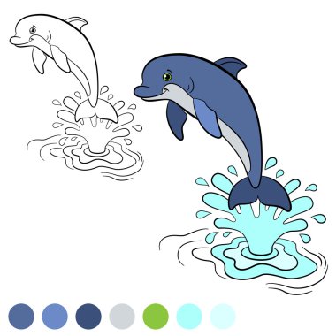 Boyama sayfası. Color Me: yunus. Küçük sevimli yunus dışarı atlar 