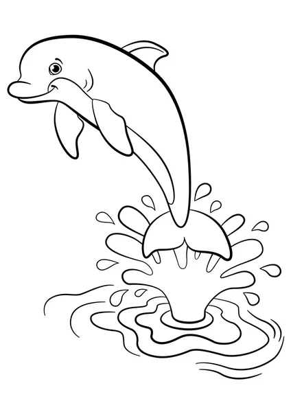 Coloring pages. Marine wild animals. Little cute dolphin. — Stock Vector