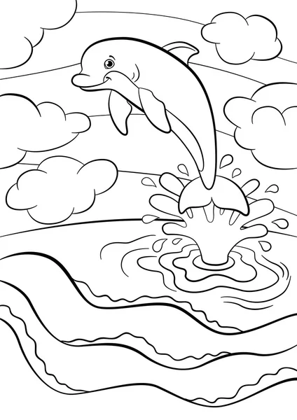 Coloring pages. Marine wild animals. Little cute dolphin jumps f — Stock Vector