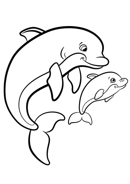 Coloring pages. Marine wild animals. Mother dolphin swims with h — Stock Vector