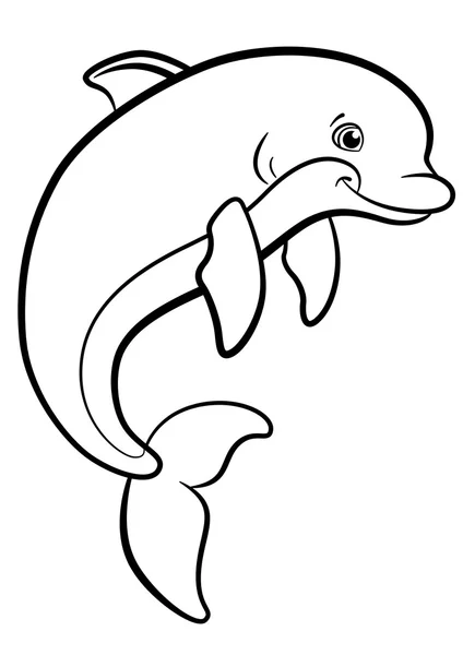 Coloring pages. Marine wild animals. Cute dolphin jumps. — Stock Vector