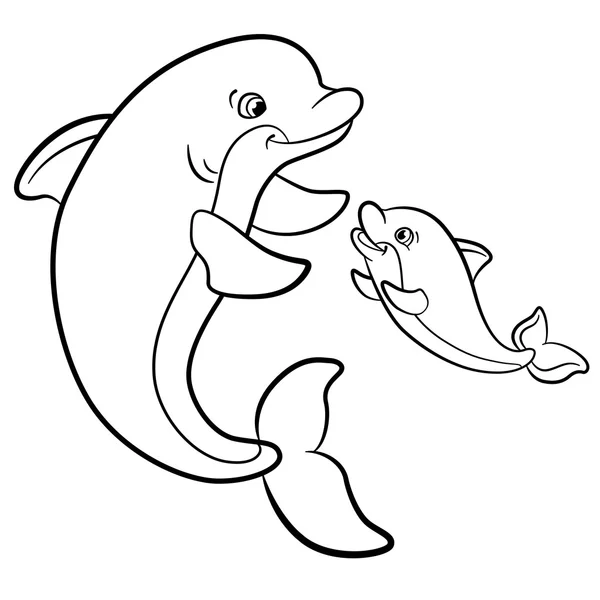 Окраска страниц. Морские дикие животные. Мать-дельфин плавает с h — стоковый вектор