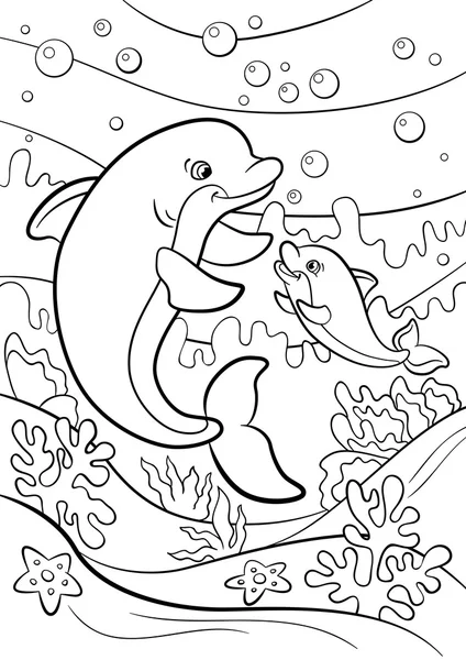 Coloring pages. Marine wild animals. Mother dolphin swims with h — Stock Vector