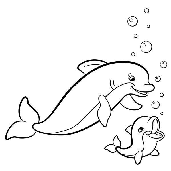 Coloriages. Animaux marins sauvages. Mère dauphin nage avec h — Image vectorielle