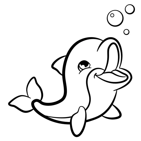 Coloring pages. Marine wild animals. Little cute baby dolphin. — Stock Vector