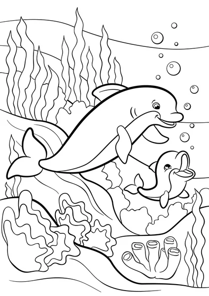 Coloriages. Animaux marins sauvages. Mère dauphin nage avec h — Image vectorielle