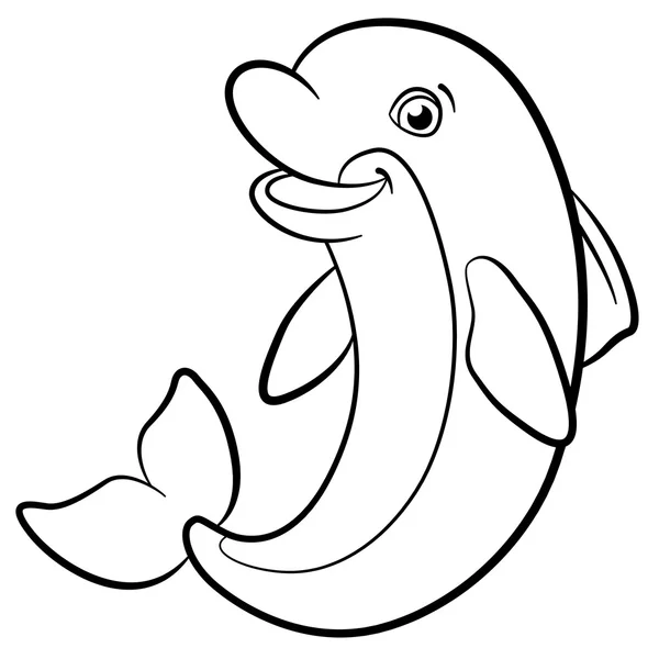 Coloring pages. Marine wild animals. Little cute dolphin jumps. — Stock Vector