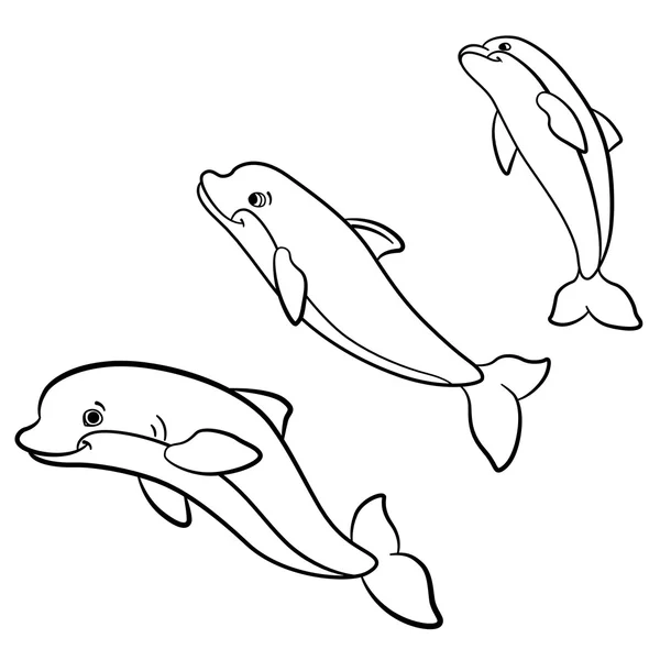 着色页。海洋野生动物。三个可爱的海豚跳. — 图库矢量图片