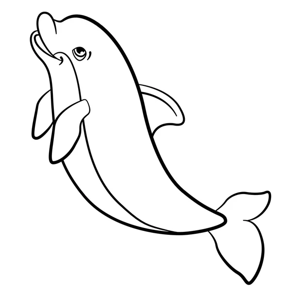 Coloring pages. Marine wild animals. Little cute dolphin jumps. — Stock Vector