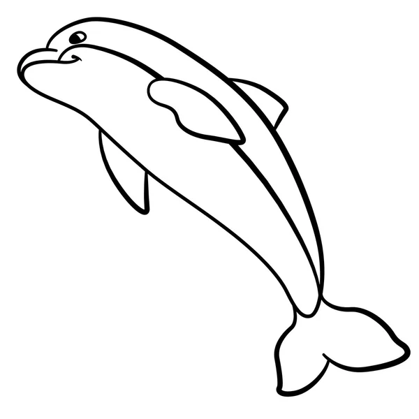 Coloring pages. Marine wild animals. Little cute dolphin jumps. — Stock Vector