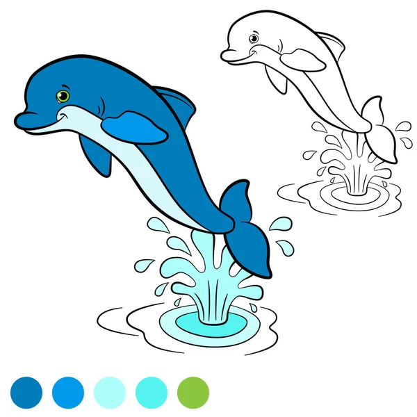 Målarbok. Color me: dolphin. Liten söt delfin hoppar ut — Stock vektor