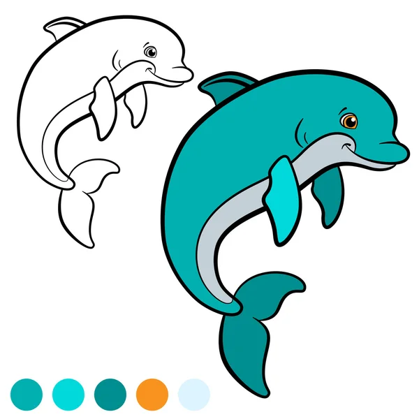 Coloring page. Color me: dolphin. Little cute dolphin jumps and — Stock Vector