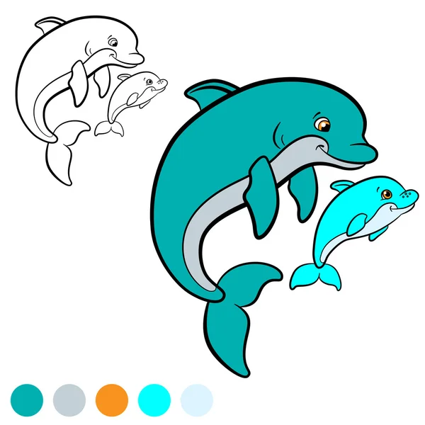 Coloring page. Color me: dolphin. Mother dolphin swims with her — Stock Vector