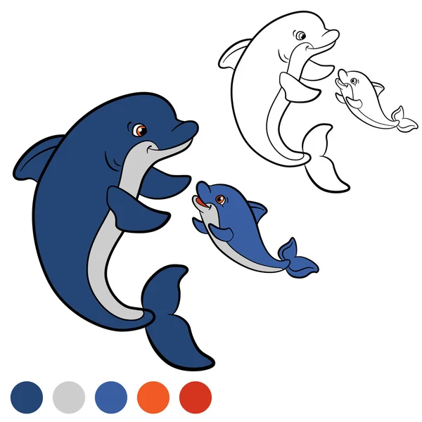 Раскрашивание страницы. Цвет меня: дельфин. Мать дельфин плавает с ней — стоковый вектор