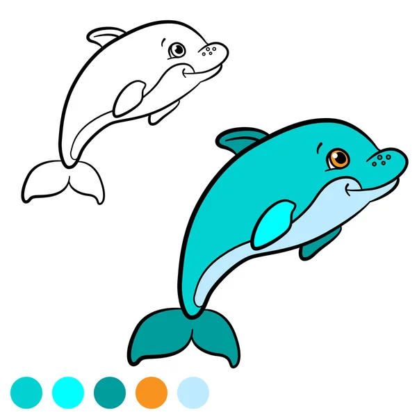 Színező oldal. Color me: delfin. Kis aranyos baba dolphin swims — Stock Vector