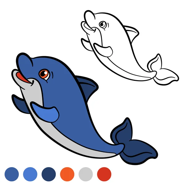 Coloring page. Color me: dolphin. Little cute baby dolphin swims — Stock Vector