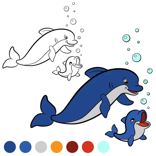 Malvorlagen. Färben Sie mich: Delphin. Delfinmutter schwimmt mit — Stockvektor