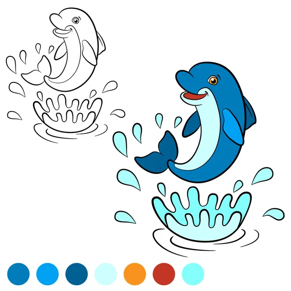 Coloring page. Color me: dolphin. Little cute dolphin jumps out — Stock Vector