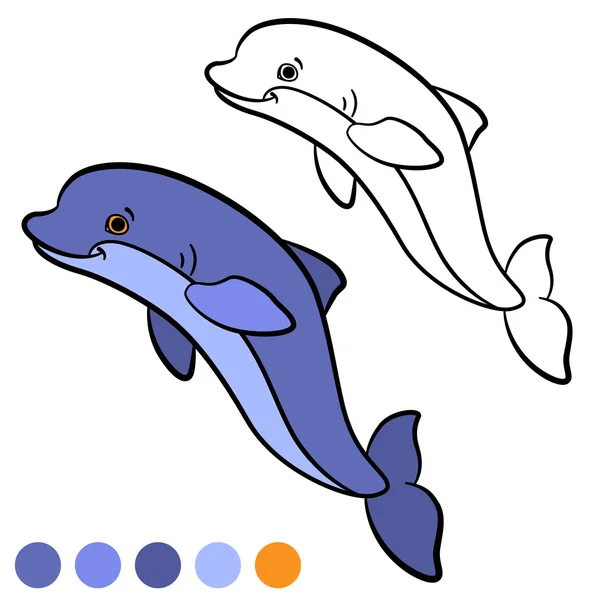 Målarbok. Color me: dolphin. Liten söt delfin hoppar och — Stock vektor