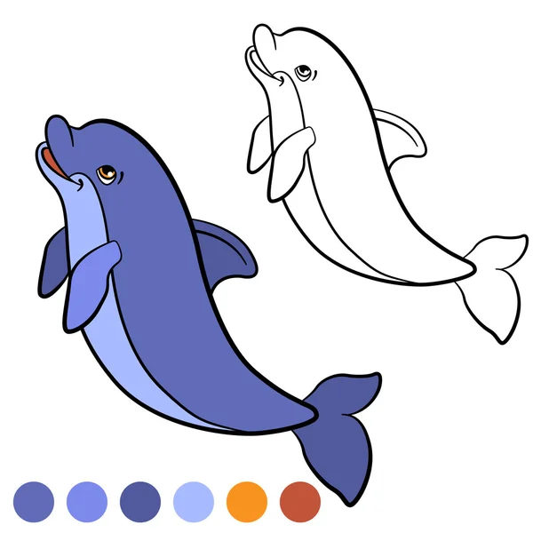 ページを着色。カラーミー: イルカ。小さなかわいいイルカのジャンプ、 — ストックベクタ