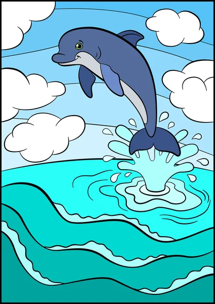 Karikatúra állatok, gyerekeknek. Kis aranyos delfin ugrik ki a w — Stock Vector