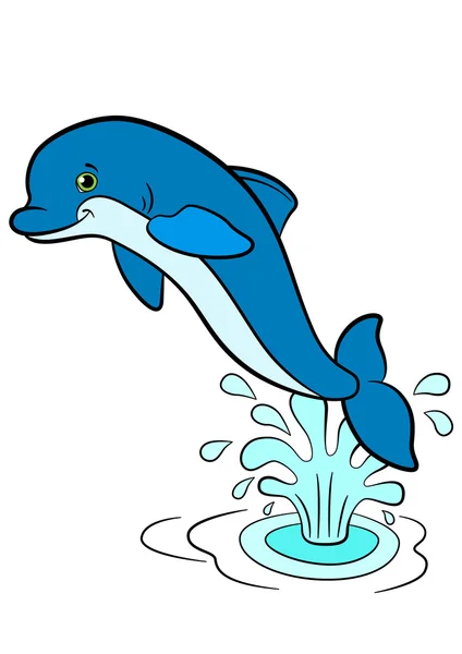 Karikatúra állatok, gyerekeknek. Kis aranyos delfin ugrik ki a w — Stock Vector