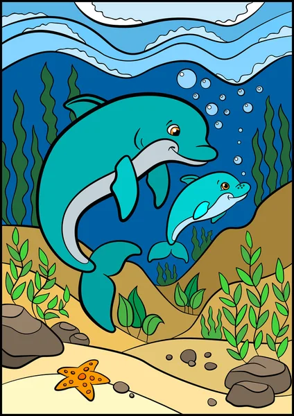 Cartoon animals for kids. Mother dolphin swims with her little c — Stock Vector