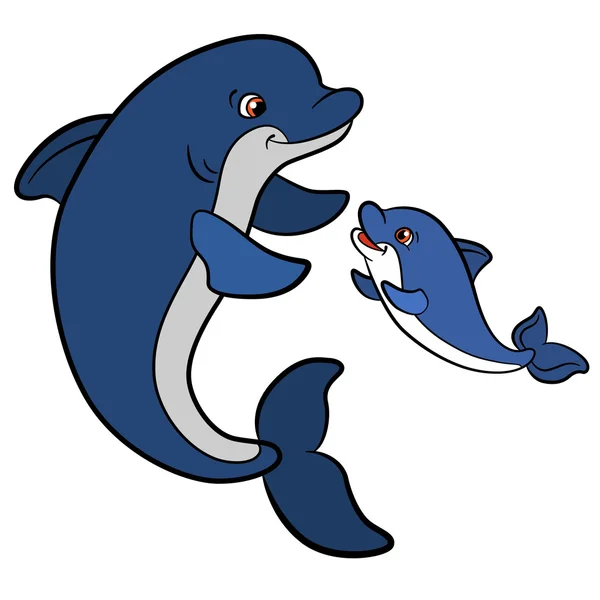 Animales de dibujos animados para niños. Madre delfín nada con su pequeña c — Archivo Imágenes Vectoriales