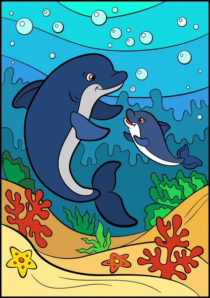 Cartoon animals for kids. Mother dolphin swims with her little c — Stock Vector