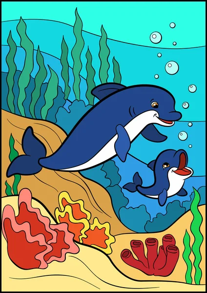 Окраска страниц. Морские дикие животные. Мать-дельфин плавает с h — стоковый вектор