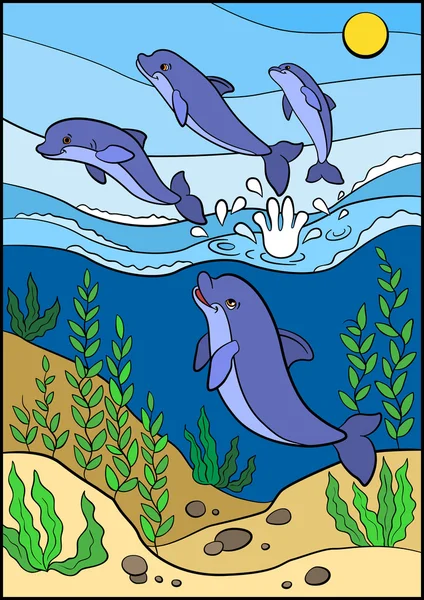 Animaux de bande dessinée pour enfants. Groupe de petits dauphins mignons sauter — Image vectorielle