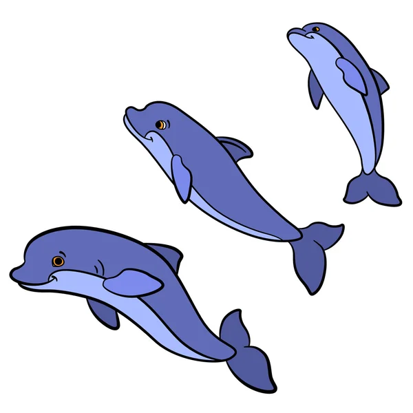 Animales de dibujos animados para niños. Grupo de pequeños delfines lindos saltar . — Vector de stock