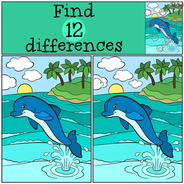 Детские игры: Найти различия. Маленький милый дельфин выпрыгивает — стоковый вектор