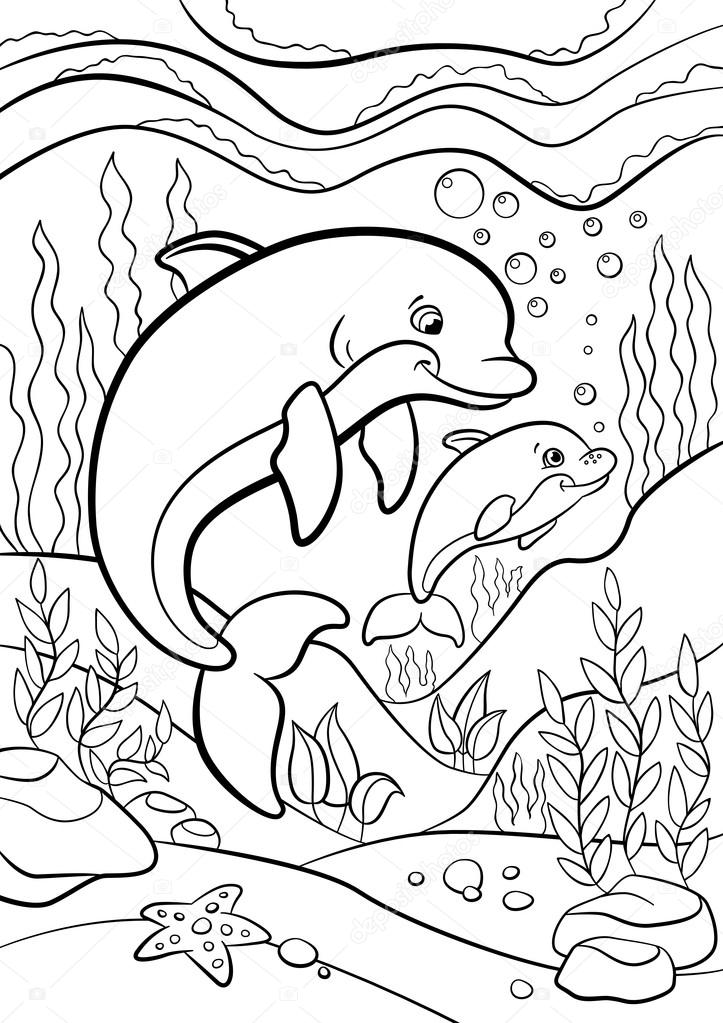 Coloring Pages Marine Wild Animals Mother Dolphin Swims With H