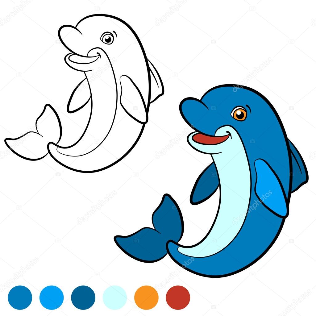Coloring page. Color me: dolphin. Little cute dolphin jumps and 