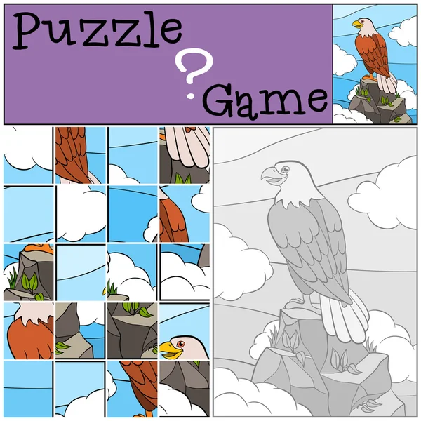 Education games for kids. Puzzle. Cute bald eagle sits on the ro — Stock Vector