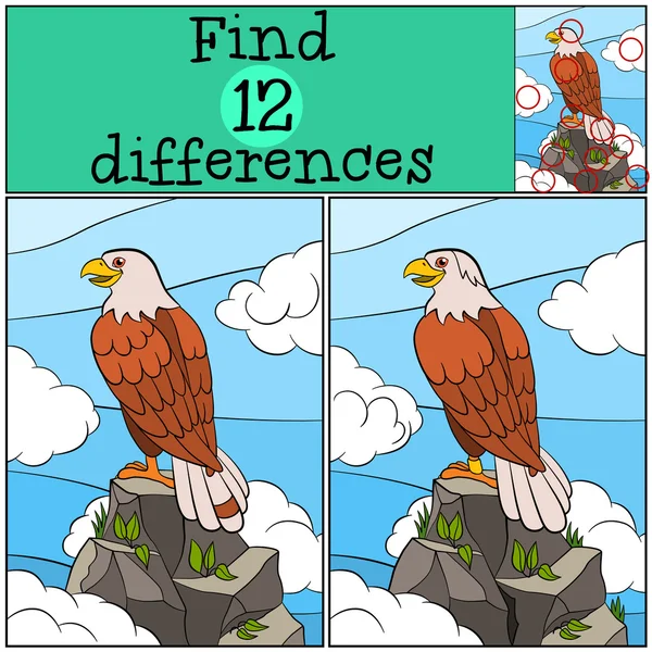 Children games: Find differences. Cute bald eagle sits on the ro — Stock Vector