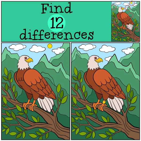 儿童游戏 ︰ 发现不同之处。可爱的秃头鹰坐在 tr — 图库矢量图片