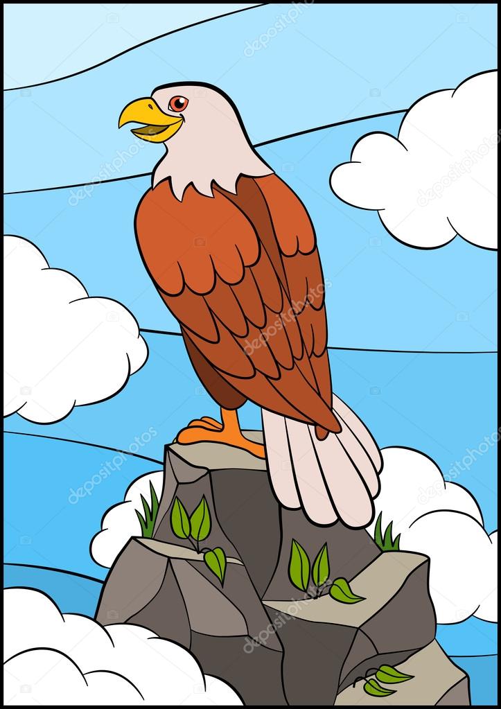 Cartoon wild birds for kids: Eagle. Cute eagle sits on the rock and smiles.