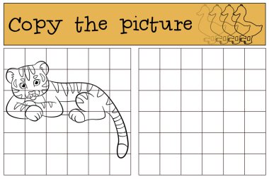 Çocuk oyunları: Resmi kopyalayın. Küçük sevimli bebek kaplan gülümsüyor.