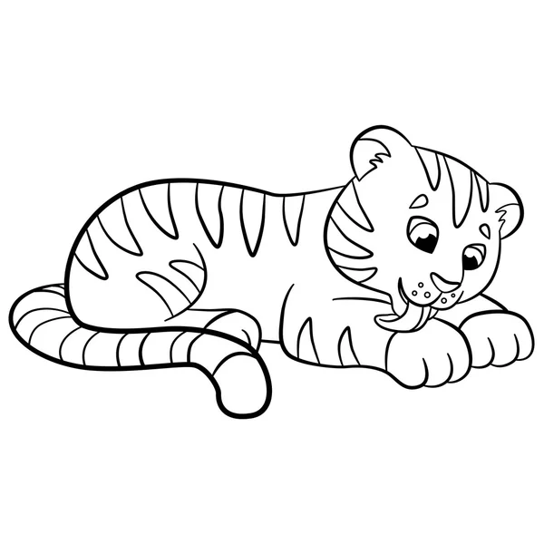 Coloring pages. Wild animals. Little cute baby tiger cleans himself and smiles. — Stock Vector