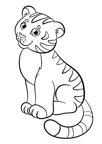 Coloring pages. Wild animals. Little cute baby tiger smiles. — Stock Vector