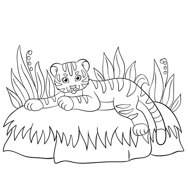 Coloriages. Des animaux sauvages. Petit bébé tigre mignon sourire . — Image vectorielle