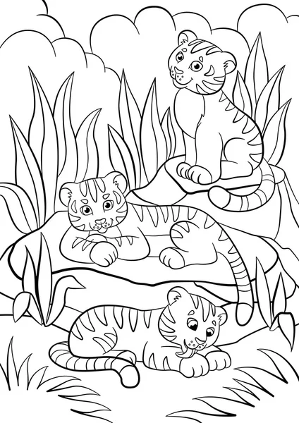 Coloring pages. Wild animals. Three little cute baby tigers. — Stock Vector