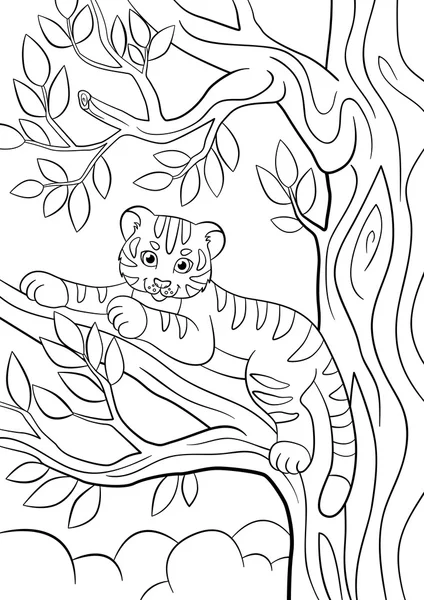 Coloring pages. Wild animals. Little cute baby tiger lays on the tree branch and smiles. — Stock Vector