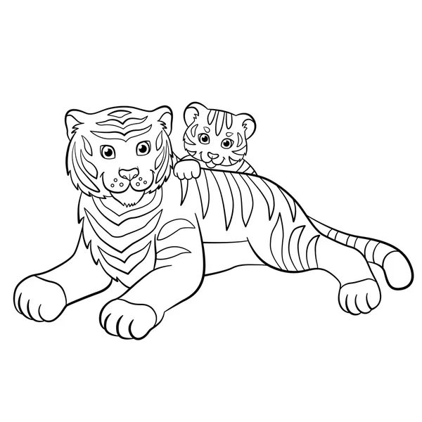 Окраска страниц. Дикие животные. Улыбающаяся мать-тигр со своим маленьким милым тигром . — стоковый вектор